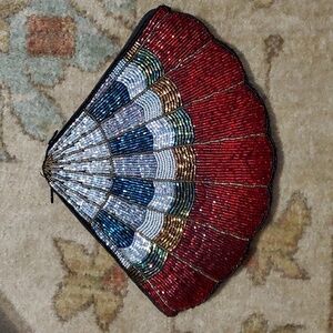 20's theme Vintage Multicolored Beaded Fan Clutch Purse Duel Zipper
